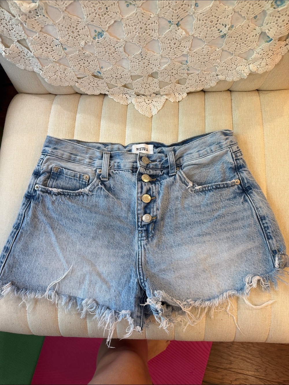 pistola faded blue high-rise frayed denim shorts